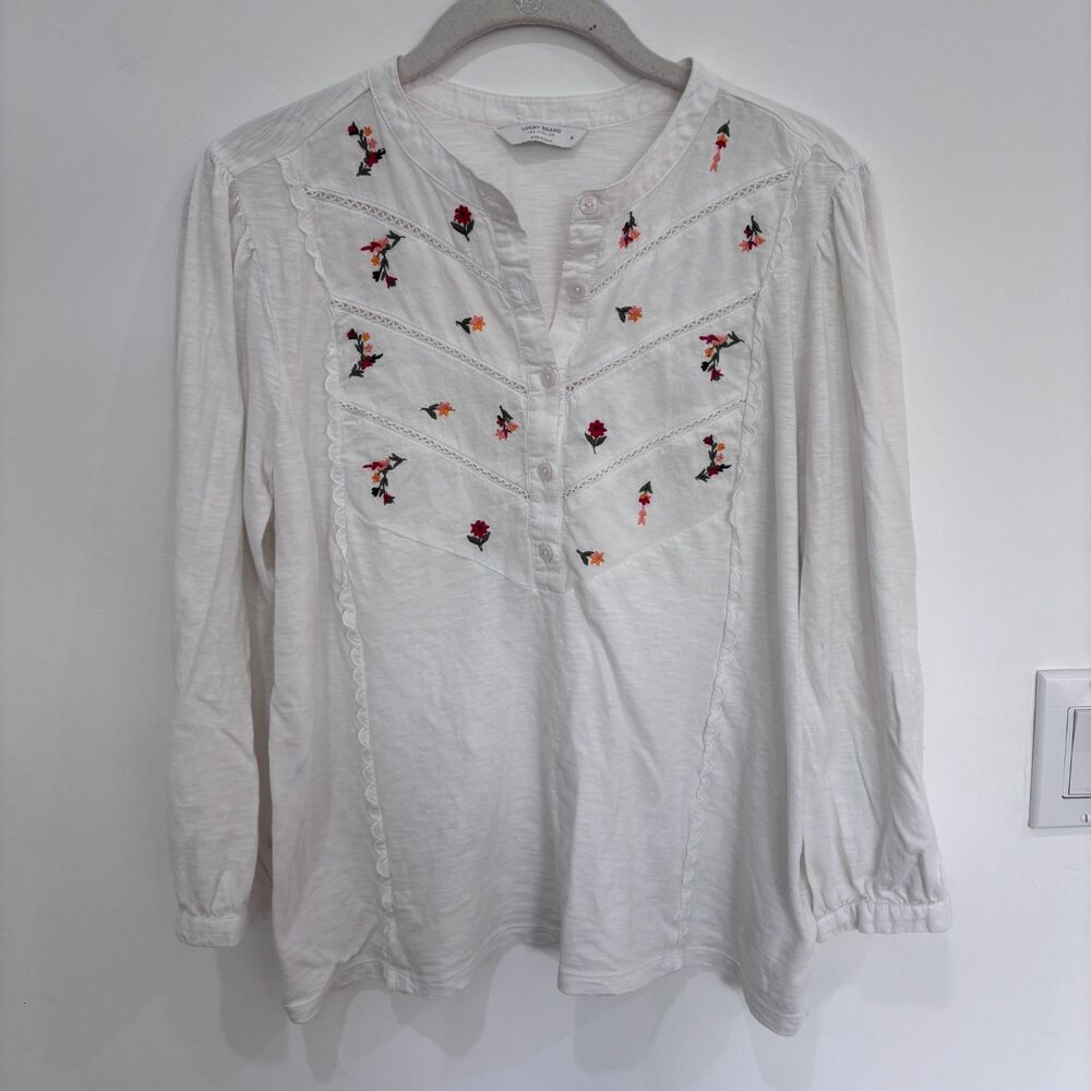 Lucky Brand Embroidered 100% cotton Long Sleeve Top Women’s Medium Boho Blouse
